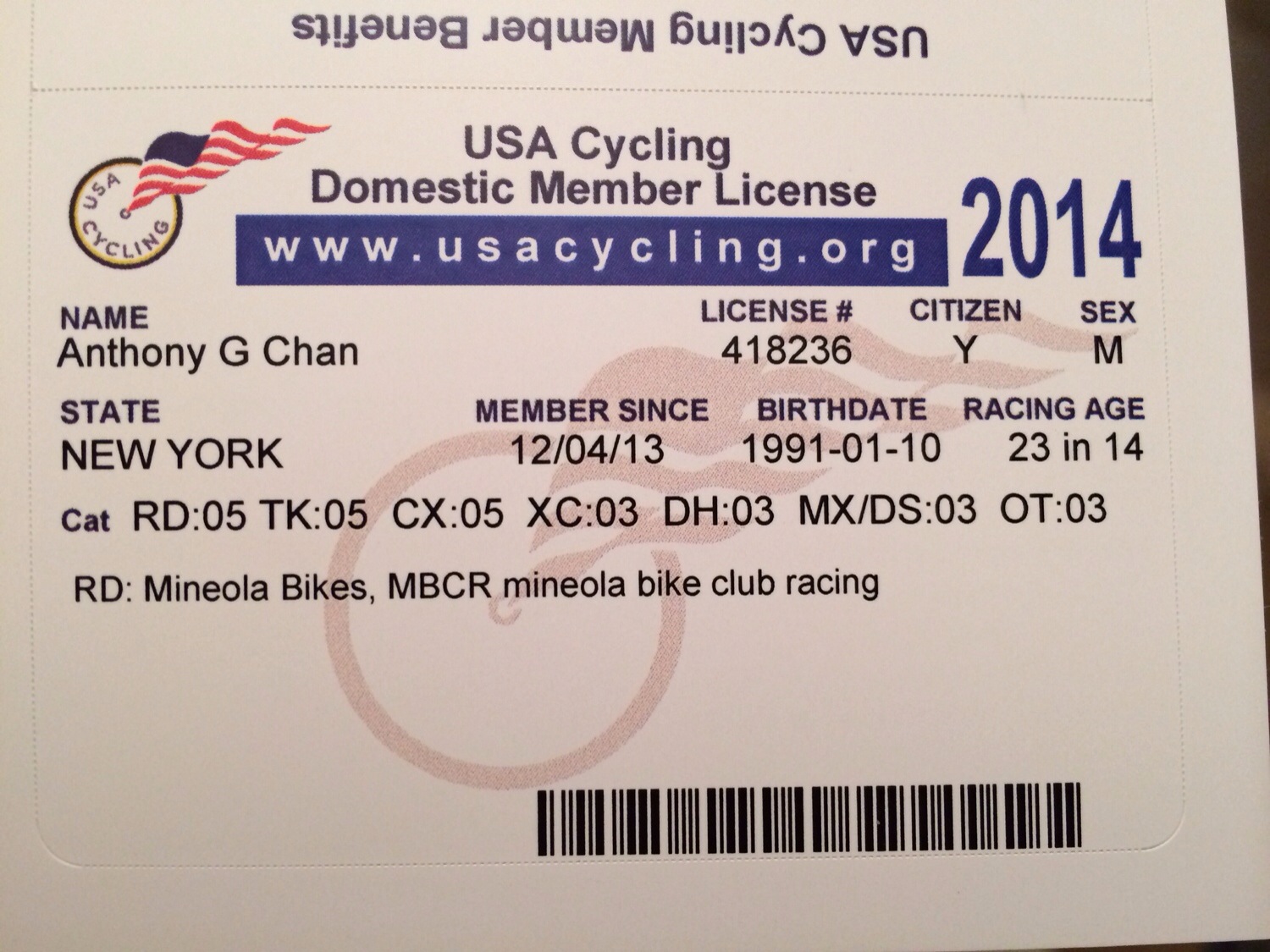 USA Cycling License CHANTHONY