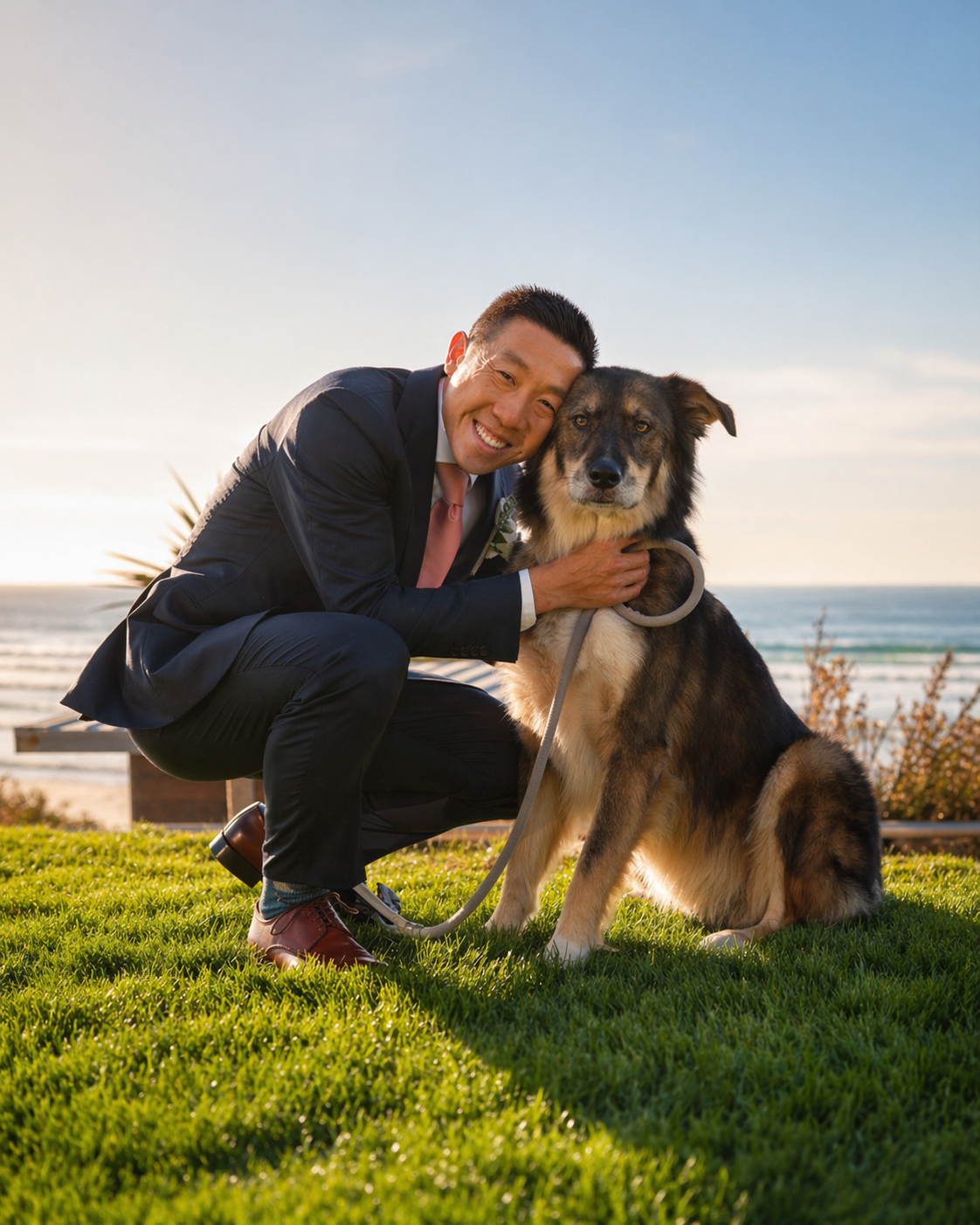 Anthony Chan with dog by the ocean